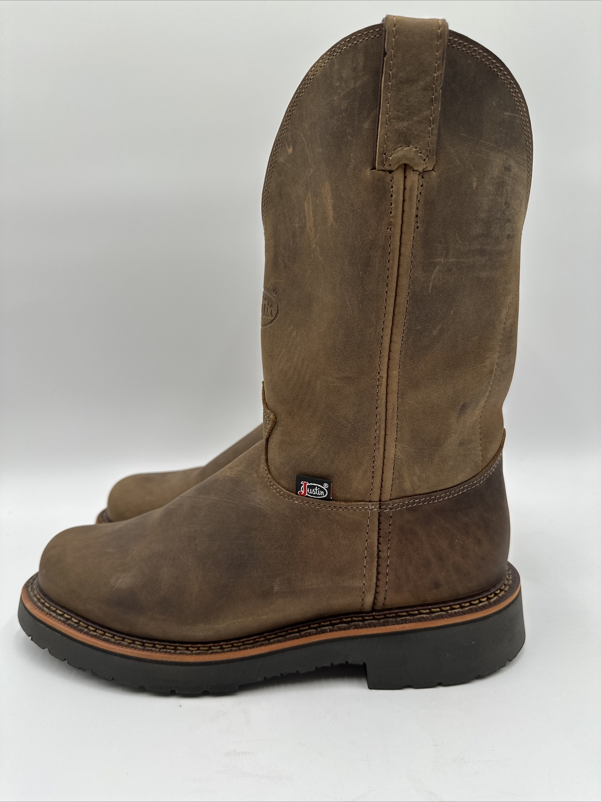 JUSTIN Drywall Brown Leather Soft Toe Waterproof Pull On Work Boots Men