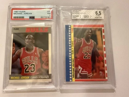 Fleer Michael Jordan 1987 #59 PSA 7 & 1987-88 Stickers #2 BGS 6.5 Card Lot (2)
