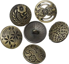 Shank Button - 30 Pack, 6 of Each Assorted Design, Carved Bronze Tone Metal, Mix