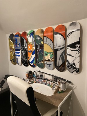Star Wars bemaltes Skateboard Wandbild - Darth Vader / Ahsoka / Boba Fett / R2D2