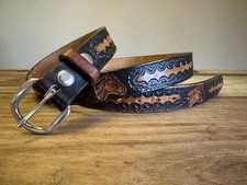 Vintage Western Men  s Hand Tooled Horse Black Brown Leather Belt Sz 45 - 50 XL