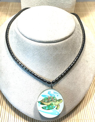 Fashion Necklace Hematite Stone Double Sided Turtle Pendant Choker Lot 101