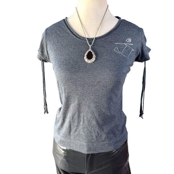 Lee Cooper Grey Graphic T Shirt S Baby Tee Braided Shoulder Detail Y2K