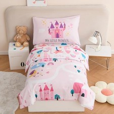 4 Pcs Twin Bedding Set for Girls Kids Bed in A Bag Twin 4 pcs Pink Castle