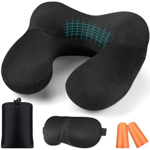 Aufblasbares Reisekissen Schwarz, Ergonomisches Nackenkissen FüR Flugzeug, BüRo,-image