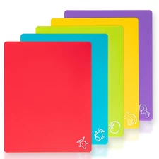 5 Pieces Flexible Plastic Cutting Board Mats with Food Icons, BPA Free Cutting--