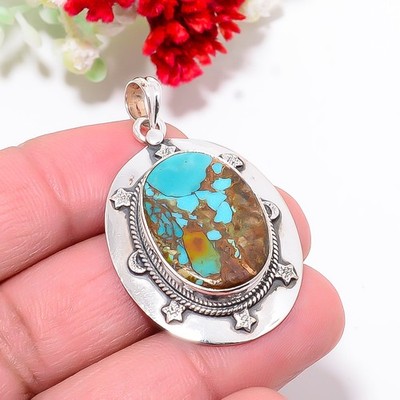 Copper Turquoise - Pilot Mountain 925 Sterling Silver Bali Pendant 1.75'' P511988