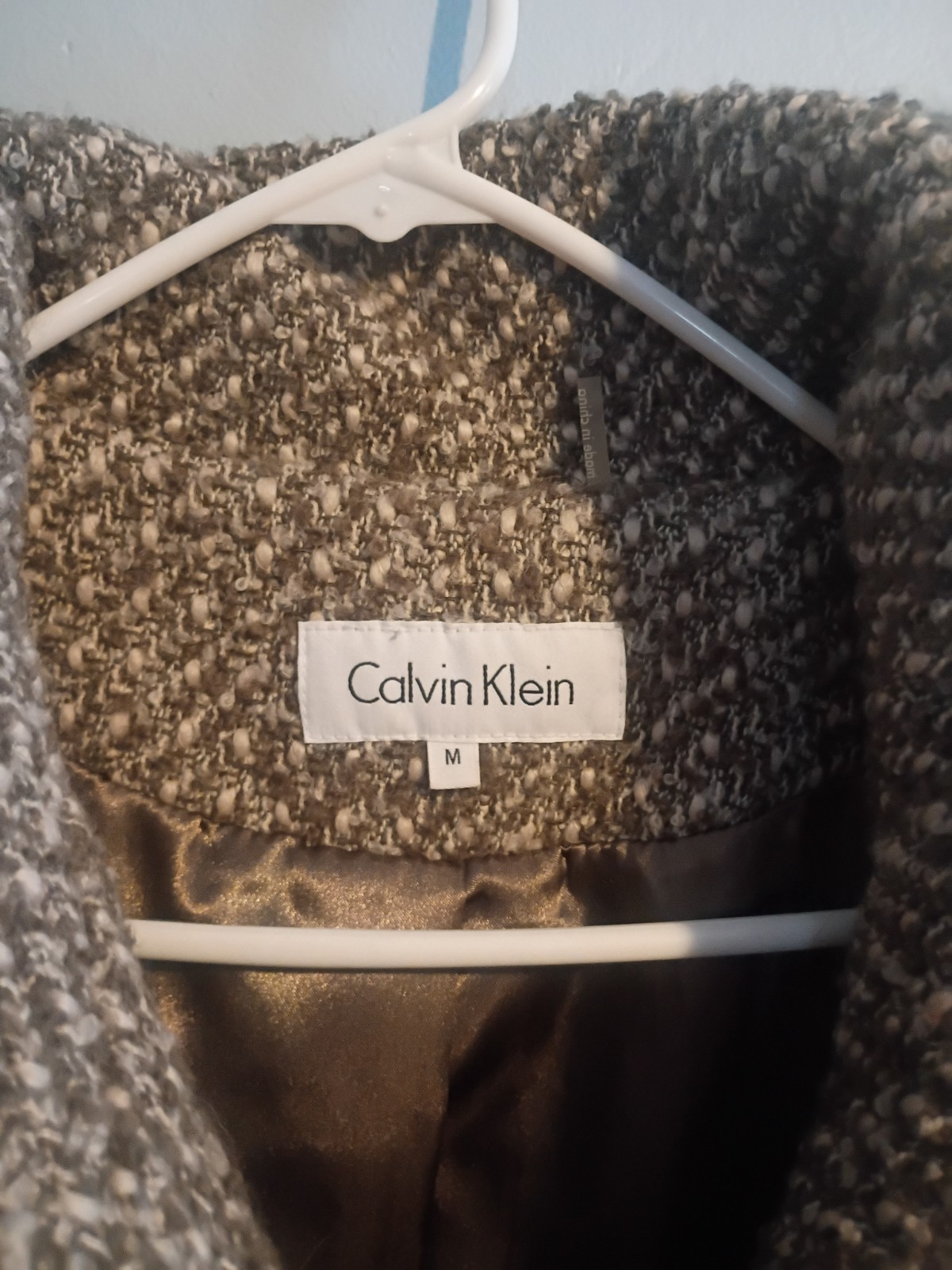 Calvin Klein Wool Tweed Blend Coat Faux Leather Trim Women Medium Brown Beige  thumbnail 4