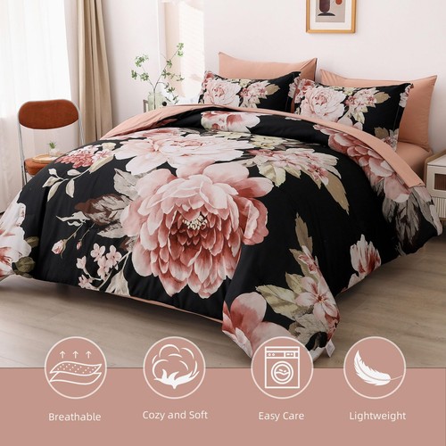 Queen Comforter Set Black 7 Pieces Bed in a Bag Pink Floral Bedding Sets Ele - Picture 3 of 7