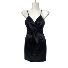 Women's Cristina Satin Style V-Neck Spaghetti Strap Party Dress Black Size S