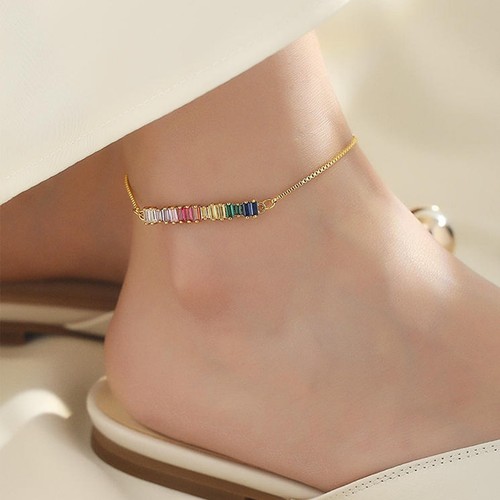 Fußkettchen 18K Gold Schlangenzug Kette Glied farbig Zirkon Kristall verstellbar Armband - Bild 5 von 7