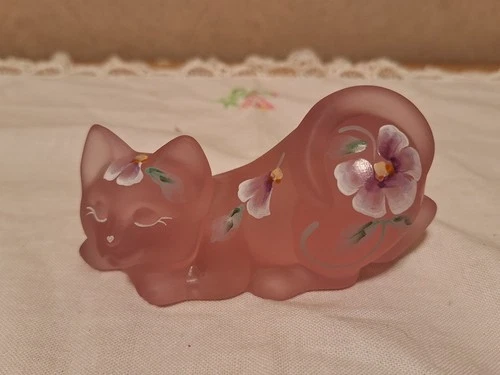 Fenton Dusty Rose Satin HandPainted Sleeping Kitten Figurine