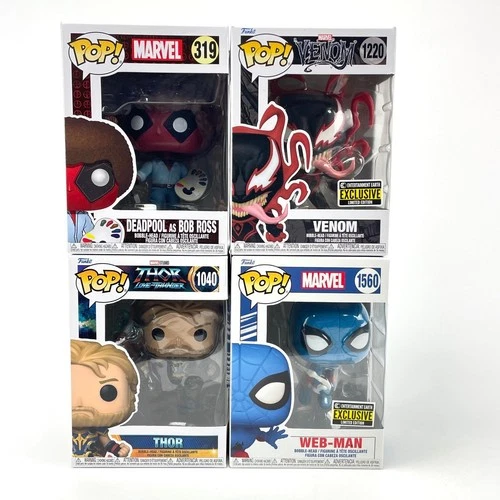 Funko Pop Marvel Lot Deadpool Bob Ross Venom Thor Web-Man Exclusive 4 Lot Set