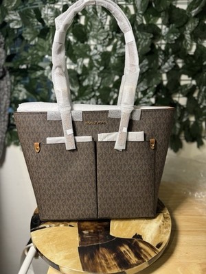 MICHAEL KORS JET SET MEDIUM DOUBLE POCKET TOTE SHOULDER BAG PURSE MK BROWN LOGO