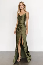 NWT Baltic Born Monet Satin Maxi Gown Dress Size Medium Olive Green Leg Slit