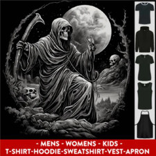 Grim Reaper With a Full Moon and Skulls Mens Womens Kids Unisex