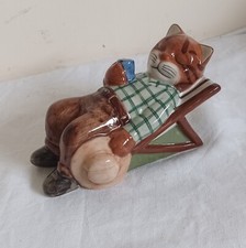 Quail Ceramics Dozing Gardener Pottery Cat Figurine