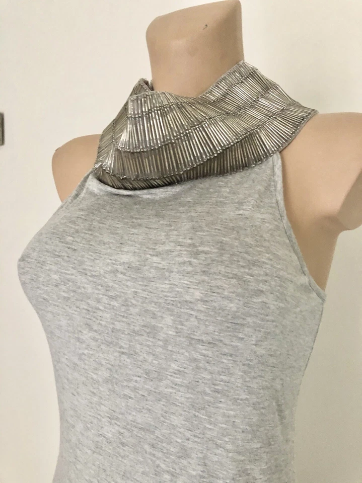 Patrizia Pepe Top Silver Pipes Boucheron Collar Up Grey Cotton Jersey Queen SZ M - Image 3 of 4