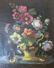 France 1890: A Vibrant Floral Bouquet, Large Oil Painting, Naïve Manner