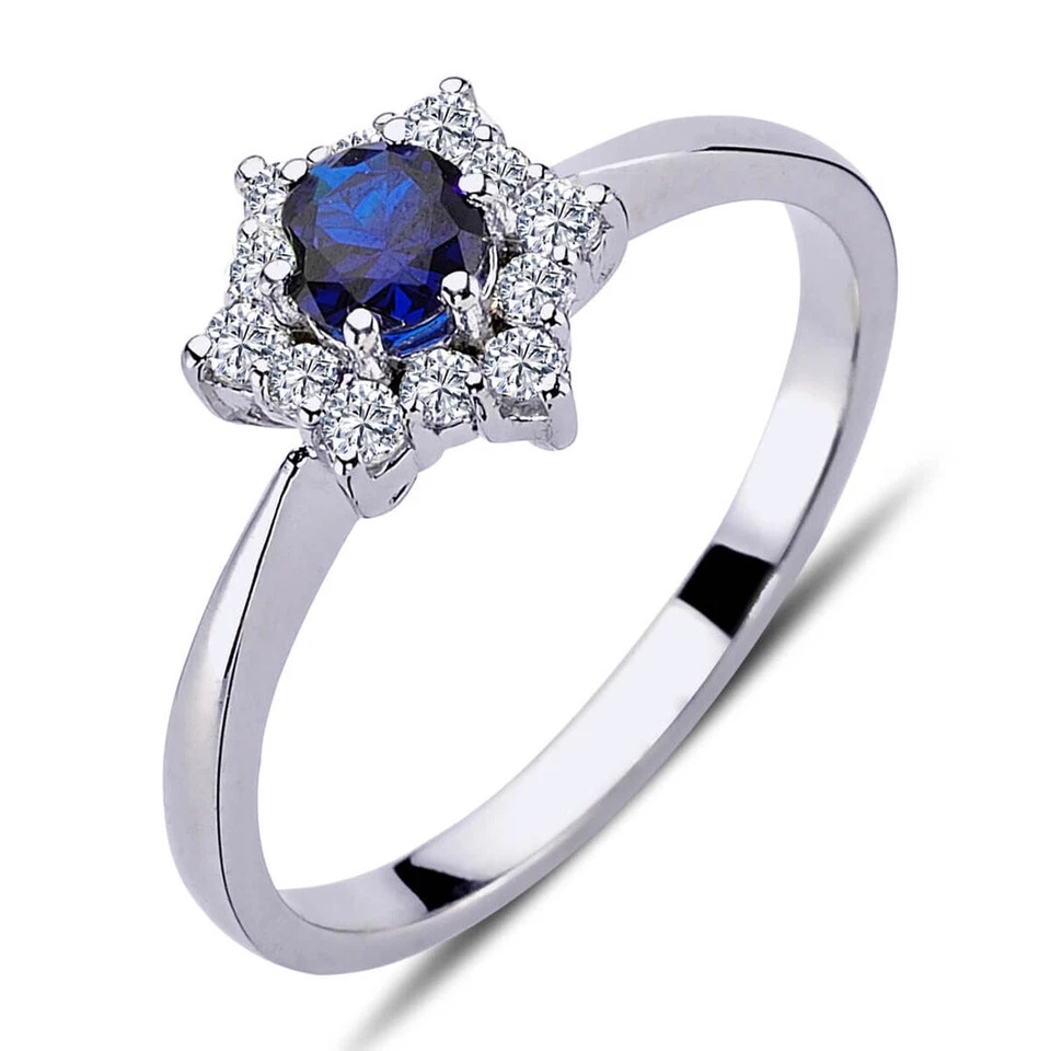 Halo Diamant Saphir Blume Ring 14 Karat Weißgold - Bild 1 von 1