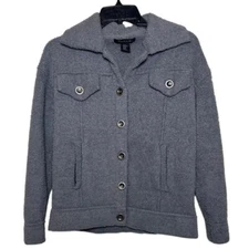 Tahari Gray Fuzzy Teddy Button Up Sweater Jacket Women's Size XS