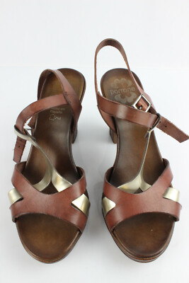 Sandales à Talons PORRONET - Cuir Marron & Doré, Taille 37, Très Bon état !