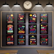 12 Pcs Bible Verse Posters for Kids Colorful Rainbow Christian Wall Art Black
