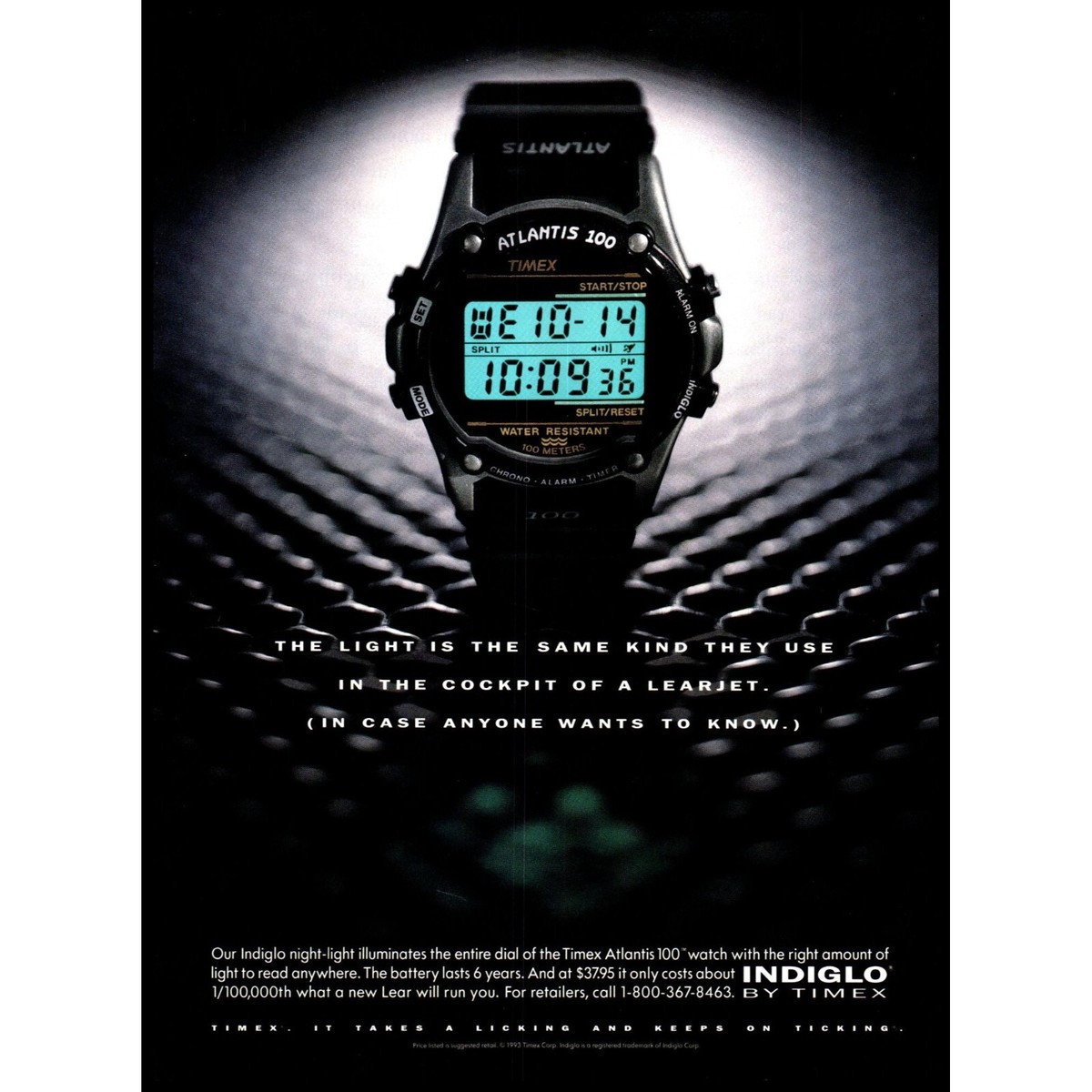 1993 Timex Atlantis 100 Sports Watch Indiglo Vintage Print Ad Wall