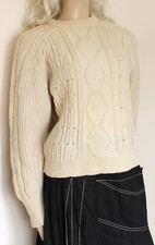 Creme handgestrickt Wolle Vintage Aran irisch Grobstrick Zopfmuster Pullover Gr. M/10-12-14