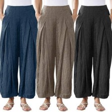 Lady Loose Cropped Pants Cotton Linen Wide Leg Trousers Casual Harem Style Solid