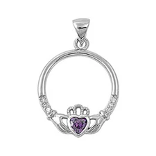 Sterling Silver Promise Heart Simple Claddagh Pendant Simulated Purple Charm