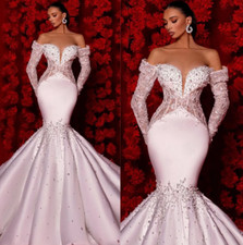African Mermaid Bride Illusion Bridal Off Shoulder Long Sleeves Beaded Lace