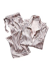 Victoria's Secret Satin Long PJ Pajama Set Pink Grey Stripe