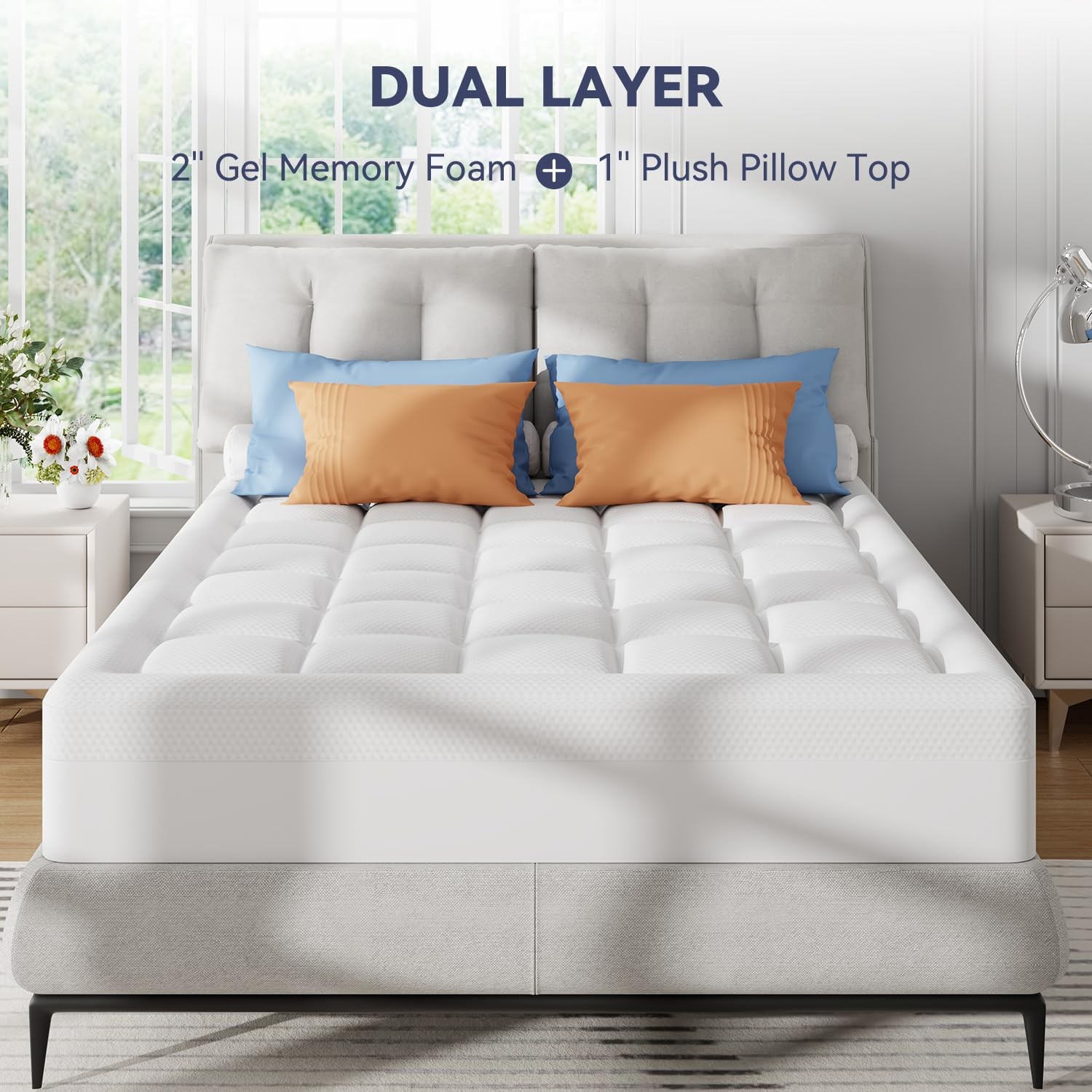 King Size Dual Layer 3 Inch Memory Foam Mattress Topper, 2 Inch Cooling Gel M...