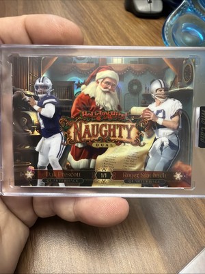 Dak Prescott and Roger Staubach Dual 1/1 Holiday Hits! Naughty Santa Wild Card