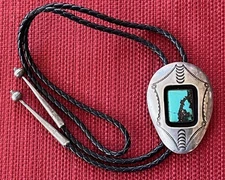 Vintage Navajo Turquoise Sterling Silver Shadow Box Bolo Slide - Bennett Patent
