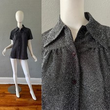 Vintage 70s Silver Black LUREX Button Disco Mod Party Top Blouse M/L