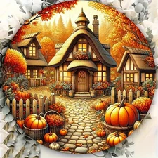2D Flat - 1pc Aluminum Metal Wall Art Autumn Cottage and Pumpkin Leaves Scene, 8