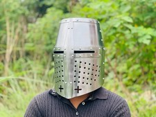 Knight Templar Steel Helmet: Medieval Crusader Great Helm, LARP Cosplay