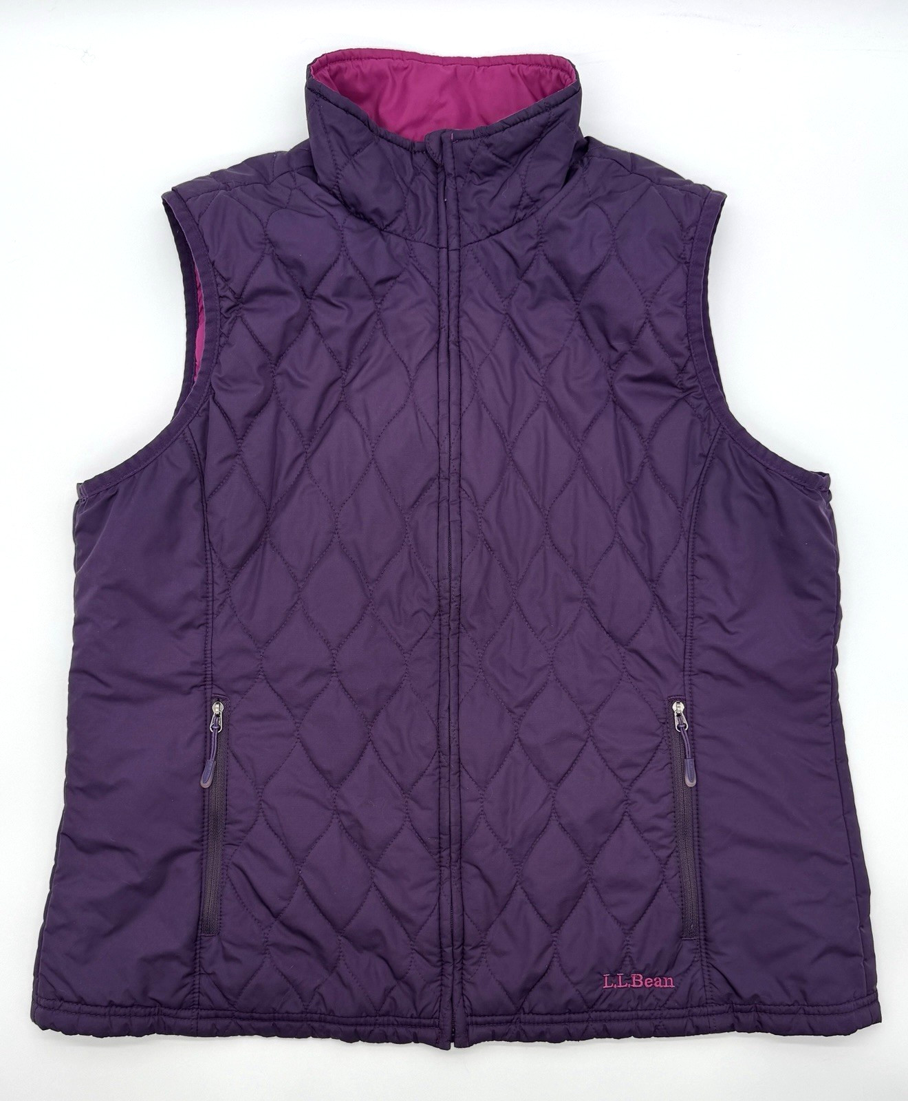 LL BEAN Reversible Insulated Puffer Vest Quilted Purple Pink Full Zip Women's L
