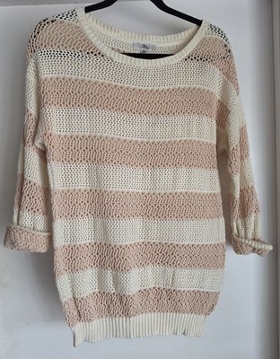 Mavi Women's Pullover Sweater S Cream Peach Striped Cotton Coastal Grandmother