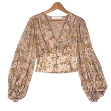 ASTR The Label Floral Peasant Blouse Womens Small Milkmaid Boho Taupe Pink
