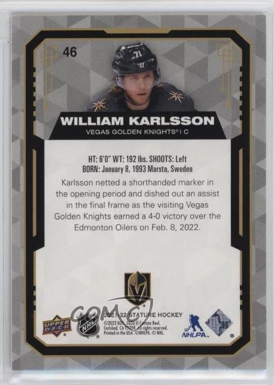 2021-22 Upper Deck Stature Design Variant /65 William Karlsson #46 - Image 2 of 2