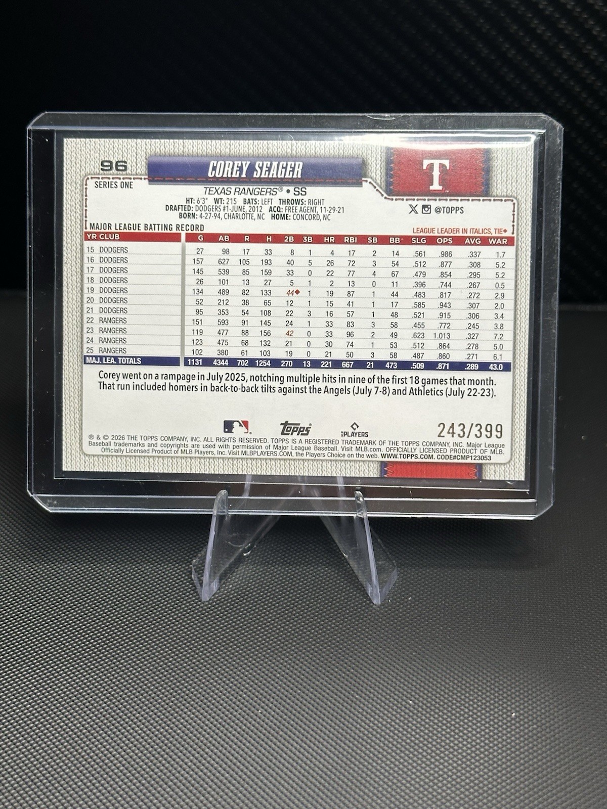 Corey Seager 2026 Topps Series 1 Yellow Rainbow Foil /399 view 2