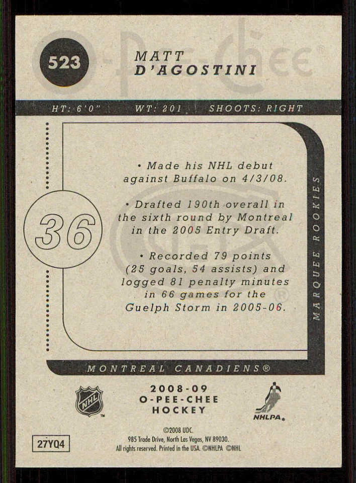 2008-09 O-Pee-Chee #523 Matt D'Agostini RC - Image 2 of 2