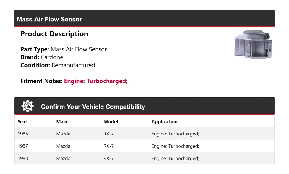 Sensor de flujo de aire de masa turboalimentado Cardone 1987 para Mazda RX-7 1986-1988 Foto 2 de 4