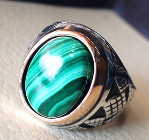 AAA NATURAL MALACHITE GEMSTONE 925 STERLING SILVER ARABIC TURKEY HEAVY MENS RING - Picture 2 of 5
