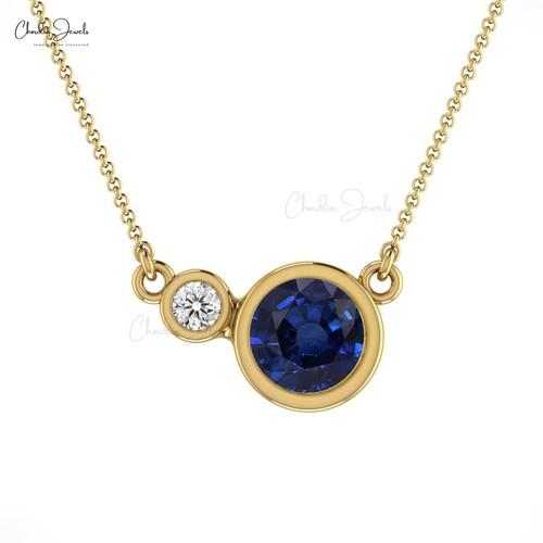 Bezel Set 14k Solid Gold 1/2 CT Blue Sapphire & Diamond Women's Wedding Necklace - Picture 11 of 22