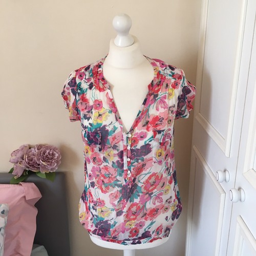 Women’s M&S UK 10 Top Pink Floral Blouse Lightweight Sheer Elasticated Waist