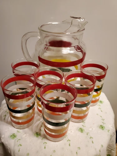 SALE! WAS 110 VTG MCM 7PC MINT ANCHOR HOCKING FIESTA PITCHER W 6 TUMBLERS